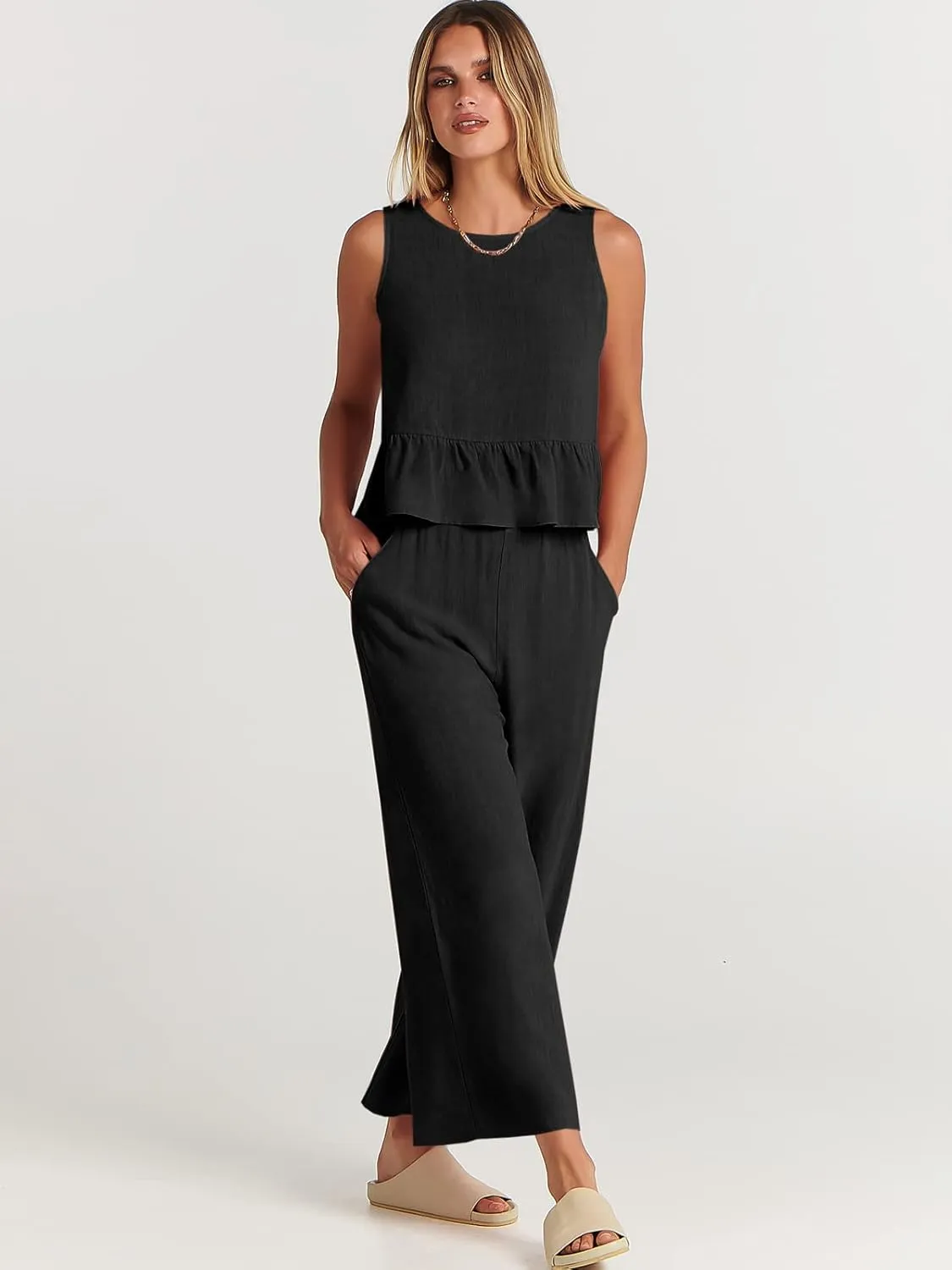 ANRABESS Women Summer 2 Piece Outfits Sleeveless Tank Crop Top Wide Leg Pants Linen Jumpsuits Lounge Matching Beach Sets