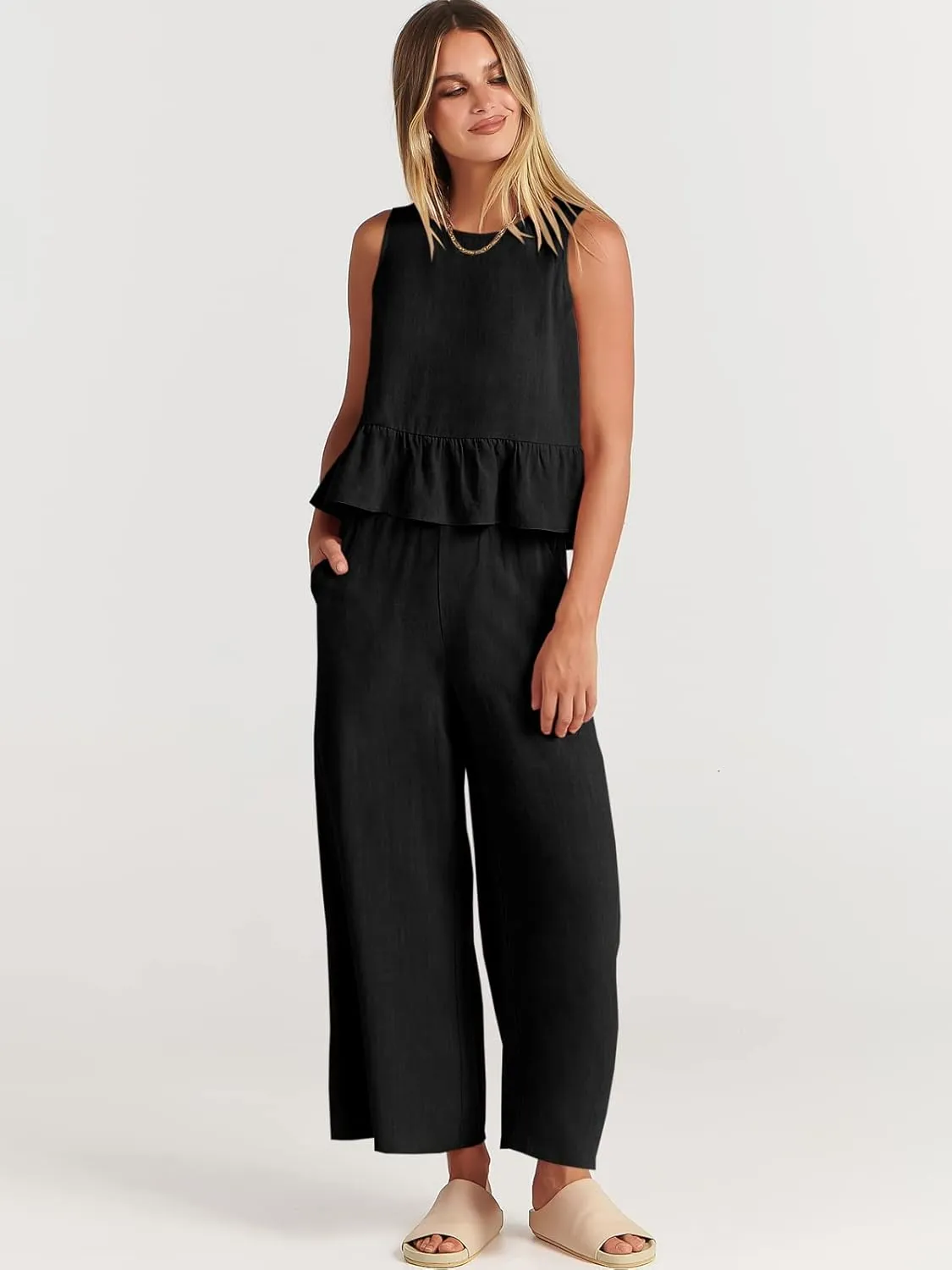 ANRABESS Women Summer 2 Piece Outfits Sleeveless Tank Crop Top Wide Leg Pants Linen Jumpsuits Lounge Matching Beach Sets