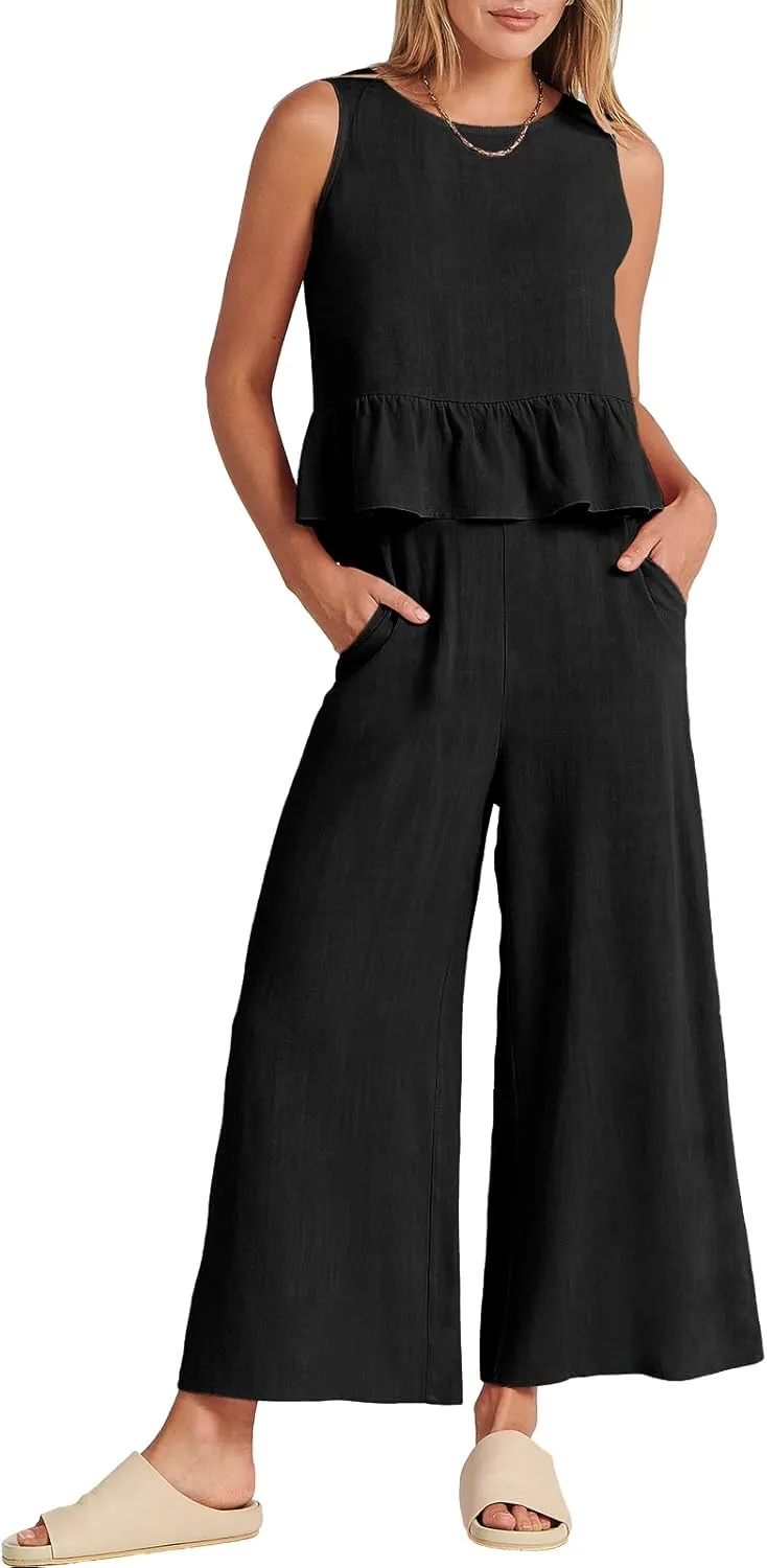 ANRABESS Women Summer 2 Piece Outfits Sleeveless Tank Crop Top Wide Leg Pants Linen Jumpsuits Lounge Matching Beach Sets