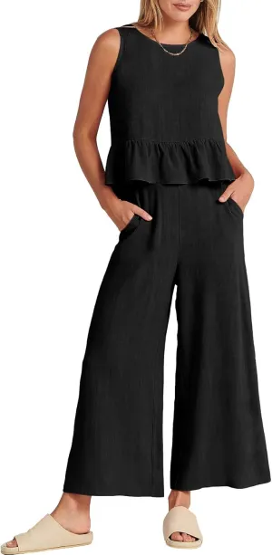 ANRABESS Women Summer 2 Piece Outfits Sleeveless Tank Crop Top Wide Leg Pants Linen Jumpsuits Lounge Matching Beach Sets