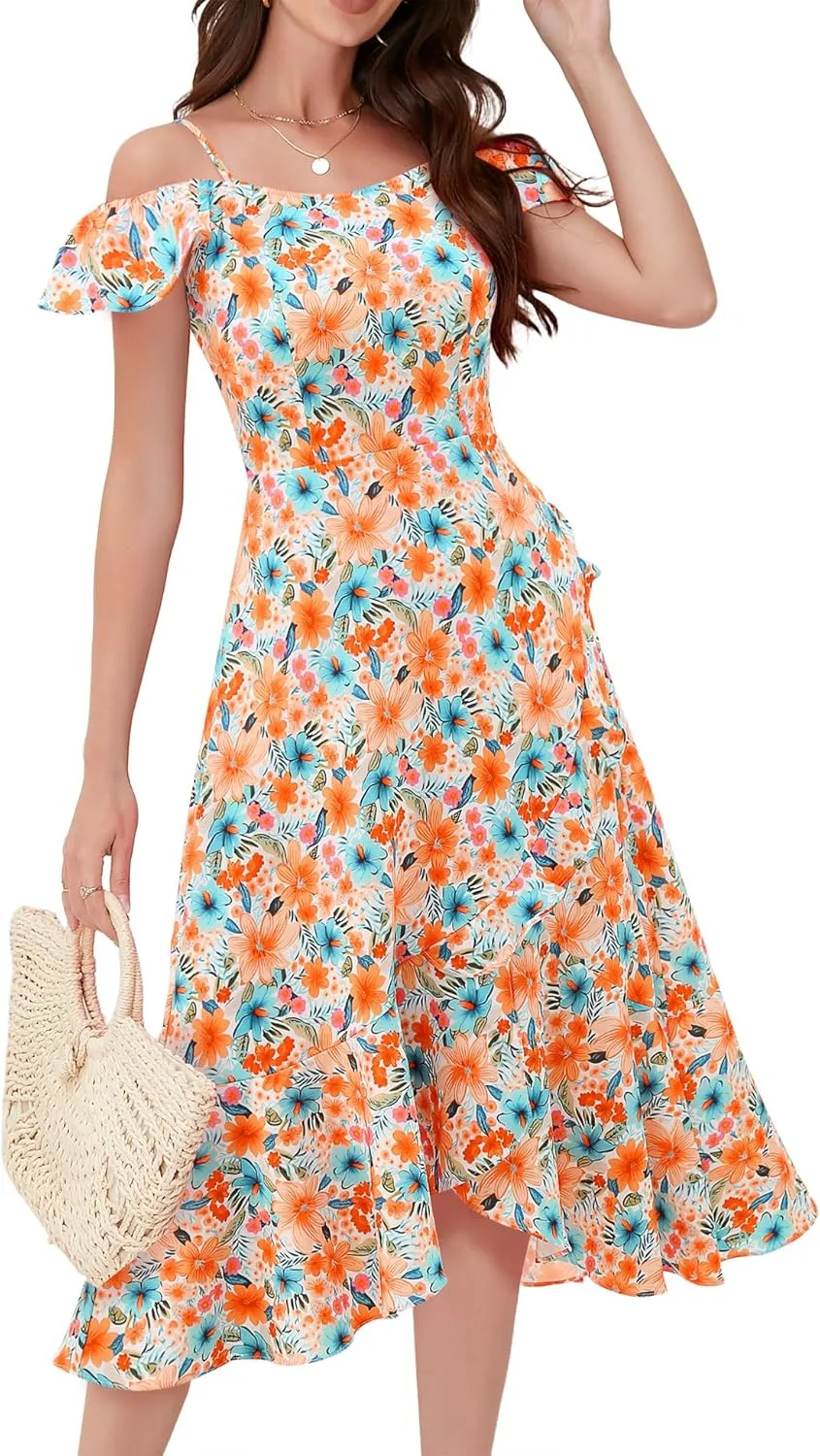 Aupuls Women Off Shoulder Summer Floral Dress 2025 Casual Beach Boho Ruffle Midi Dresses