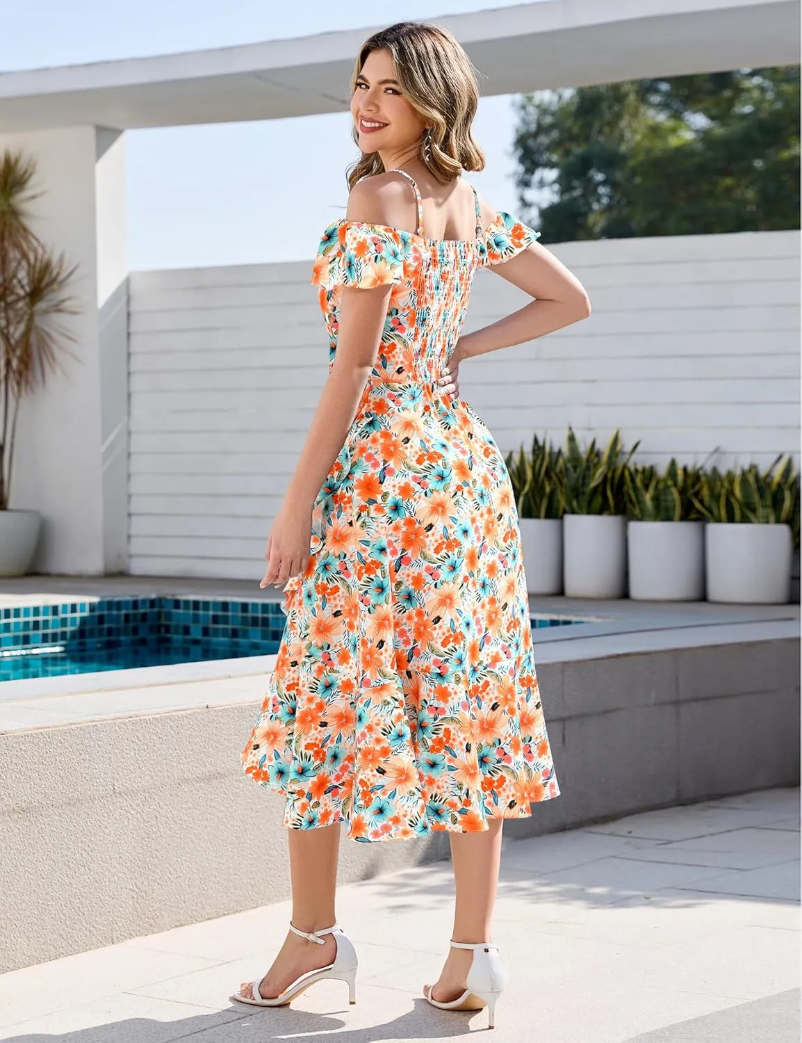 Aupuls Women Off Shoulder Summer Floral Dress 2025 Casual Beach Boho Ruffle Midi Dresses