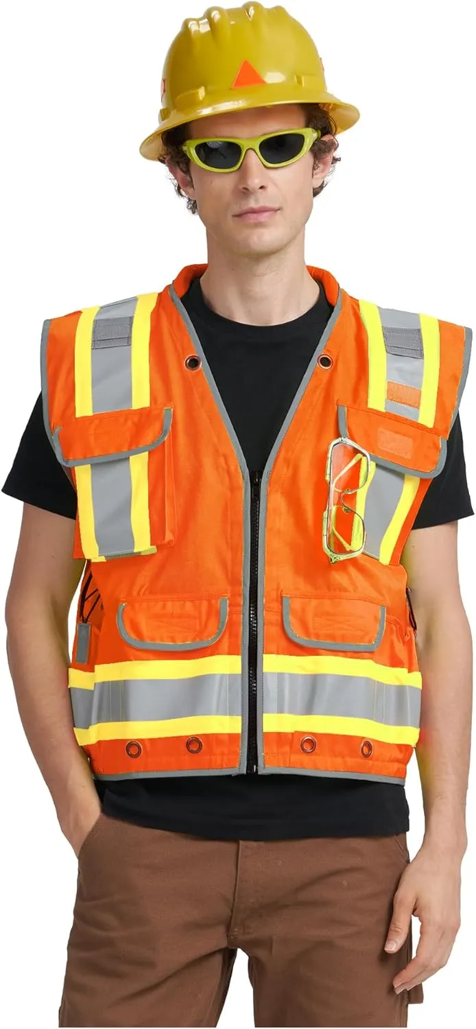 AYKRM Heavy Woven Two Tone Engineer High Vis Reflective work construction safety vest for men Class 2 with Cargo Pockets
