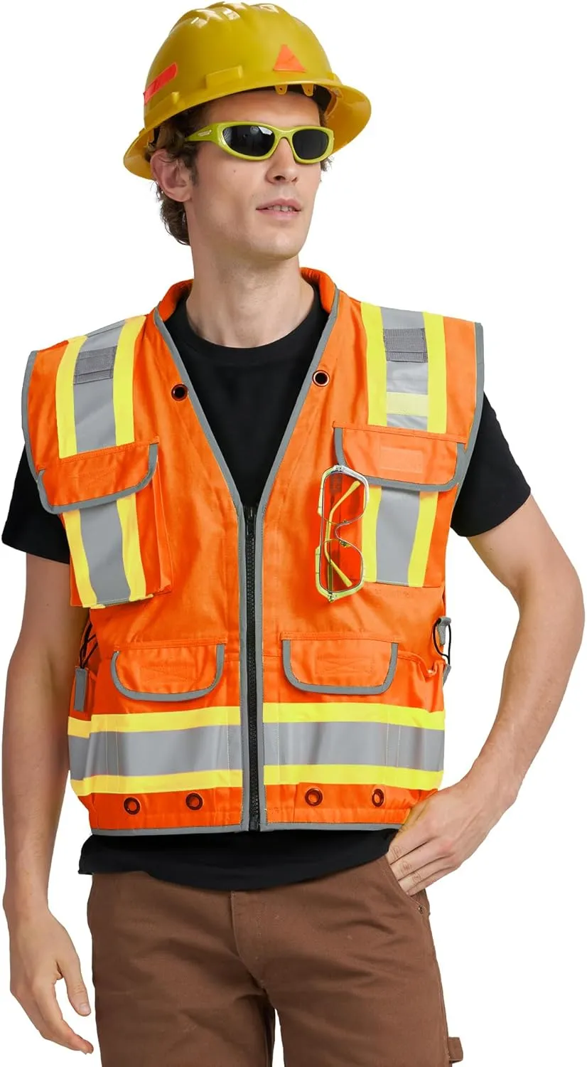 AYKRM Heavy Woven Two Tone Engineer High Vis Reflective work construction safety vest for men Class 2 with Cargo Pockets