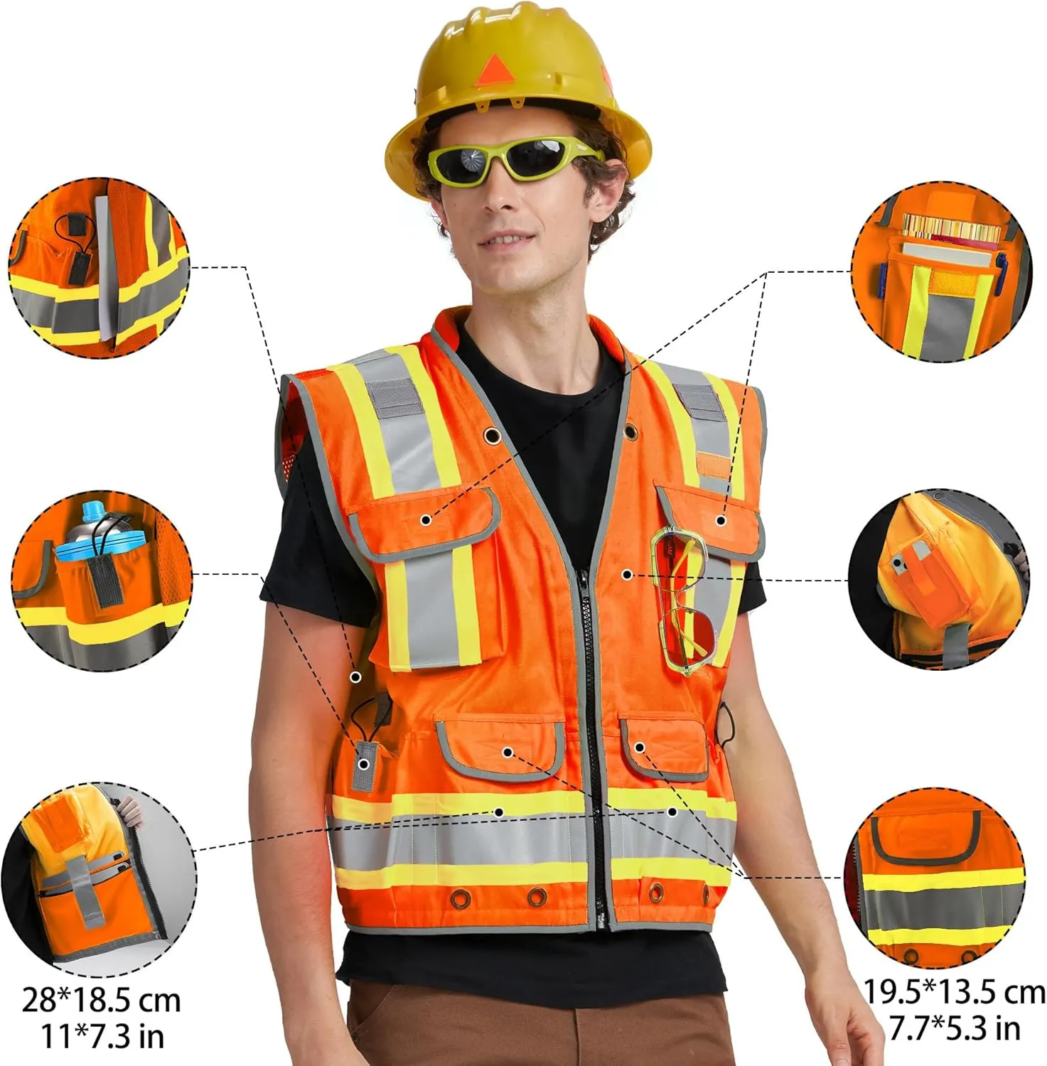 AYKRM Heavy Woven Two Tone Engineer High Vis Reflective work construction safety vest for men Class 2 with Cargo Pockets