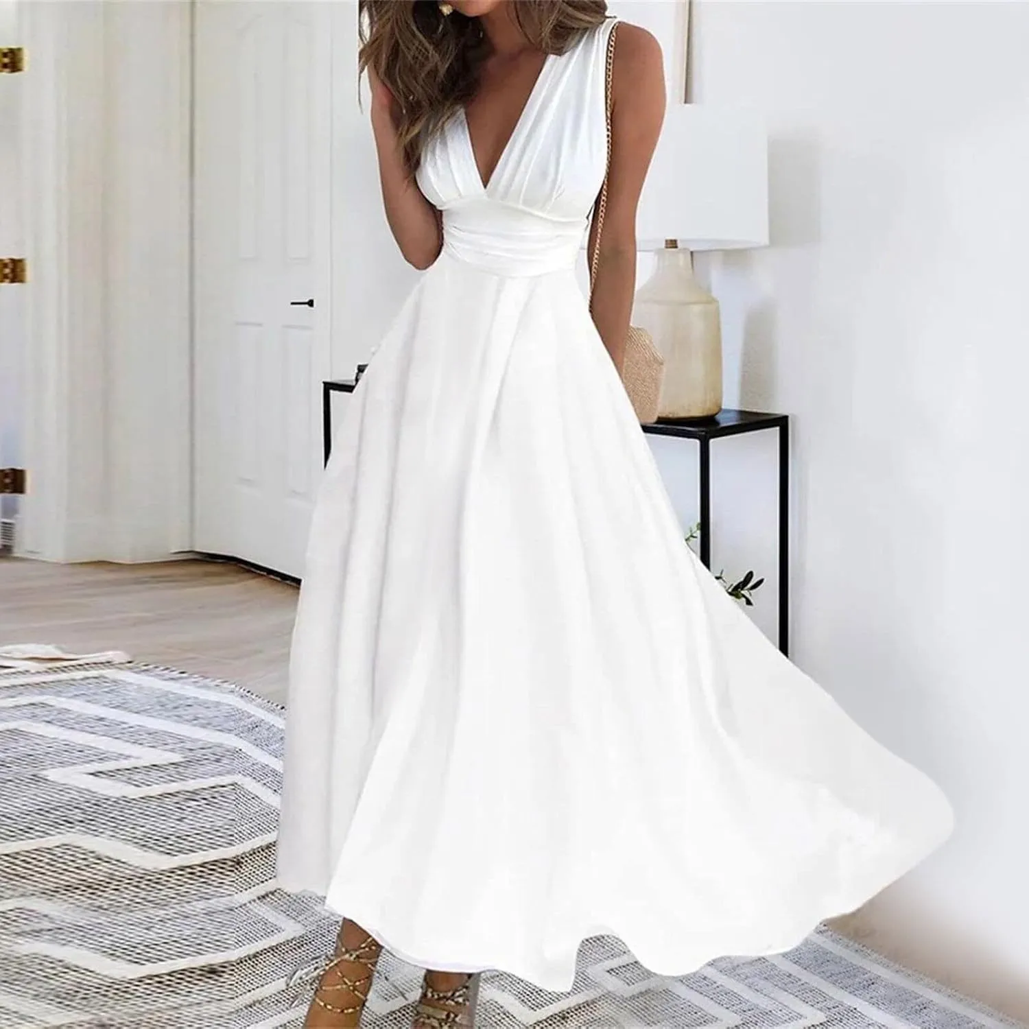Azeralia Sundresses for Women 2024, Summer Elegant Wrap V Neck Sleeveless Maxi Dress Trendy Floral Print Flowy Beach Dresses