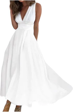 Azeralia Sundresses for Women 2024, Summer Elegant Wrap V Neck Sleeveless Maxi Dress Trendy Floral Print Flowy Beach Dresses