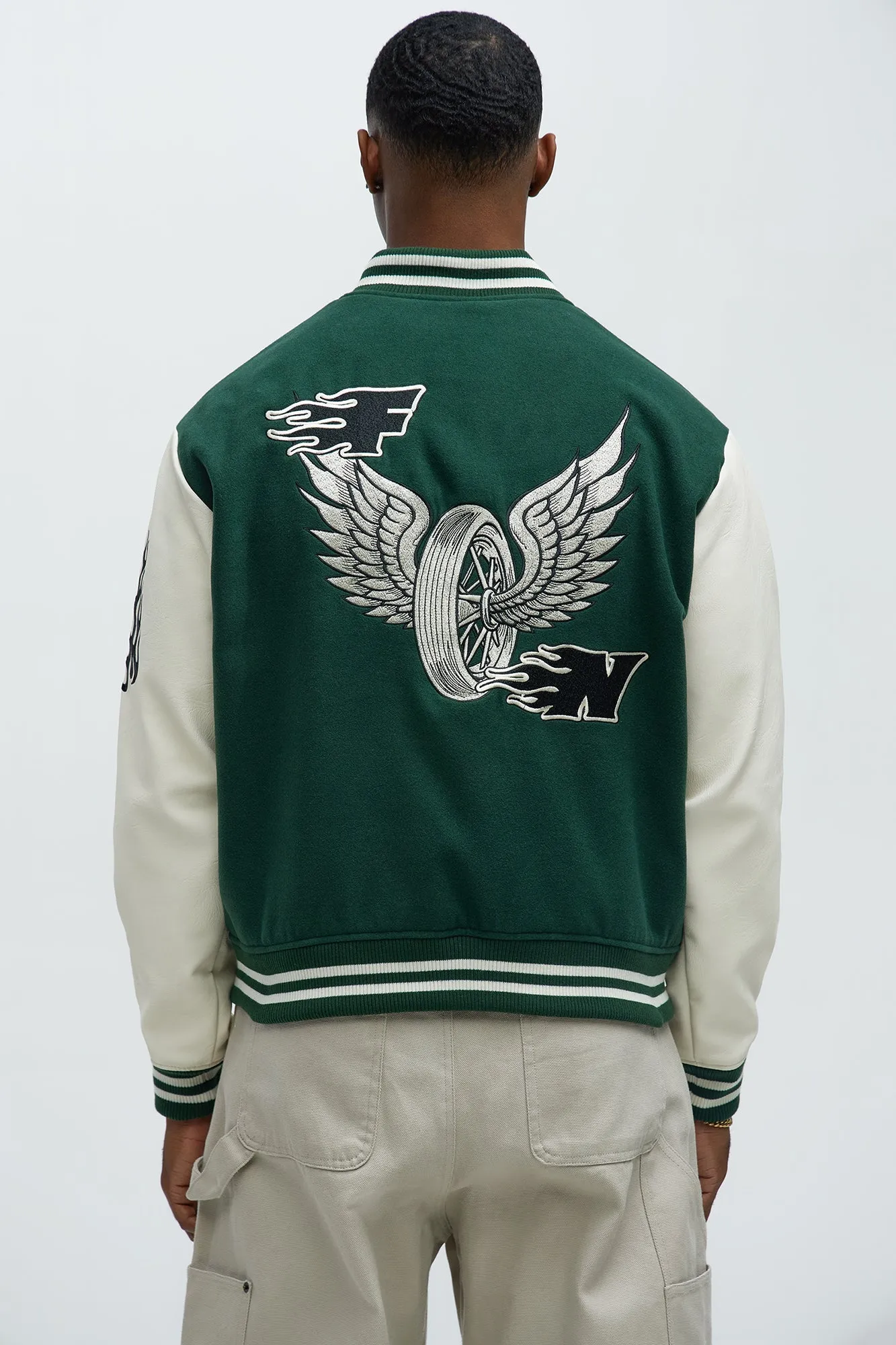 Biker Faux Leather Varsity Jacket - Green/combo