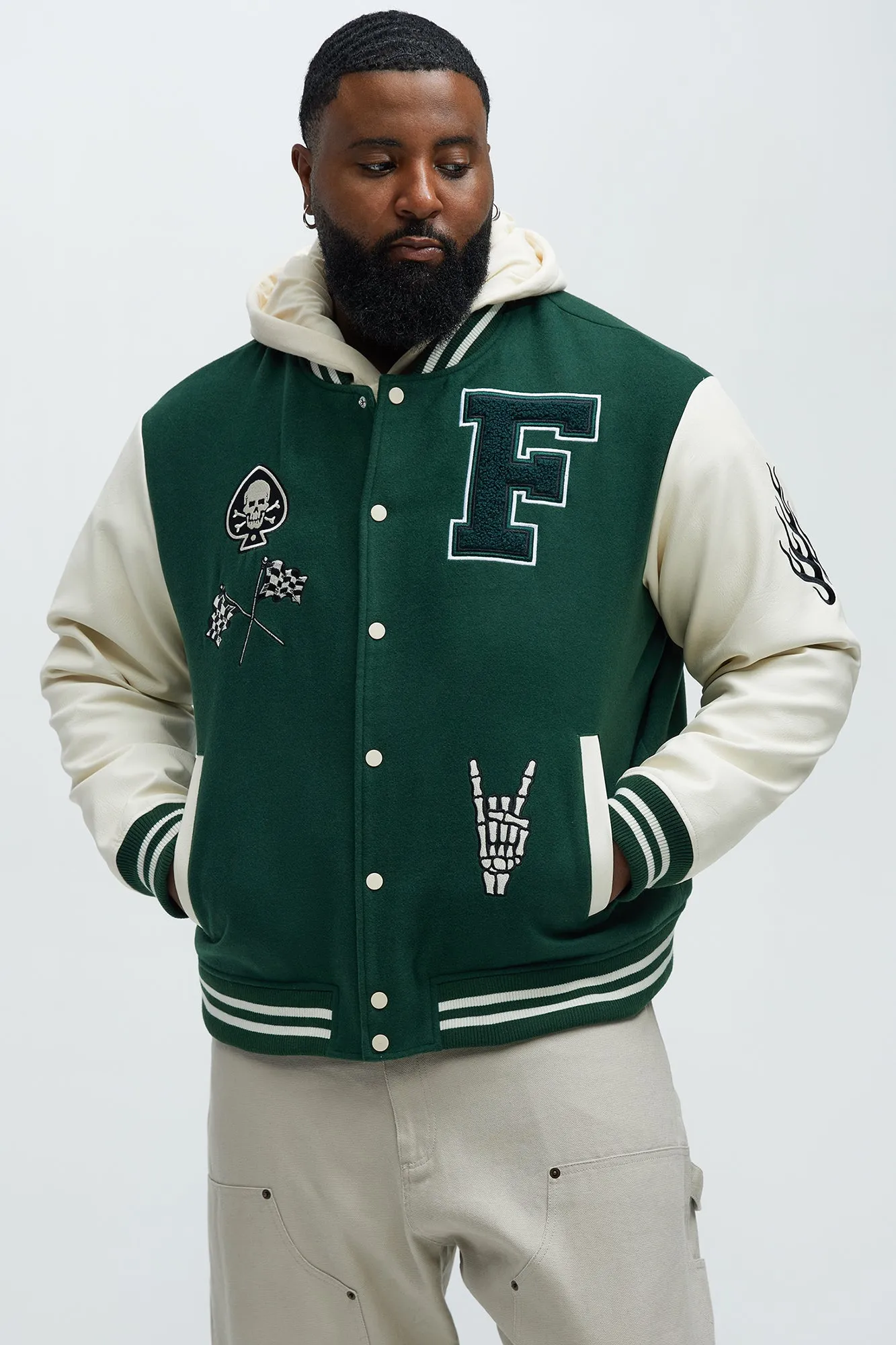 Biker Faux Leather Varsity Jacket - Green/combo