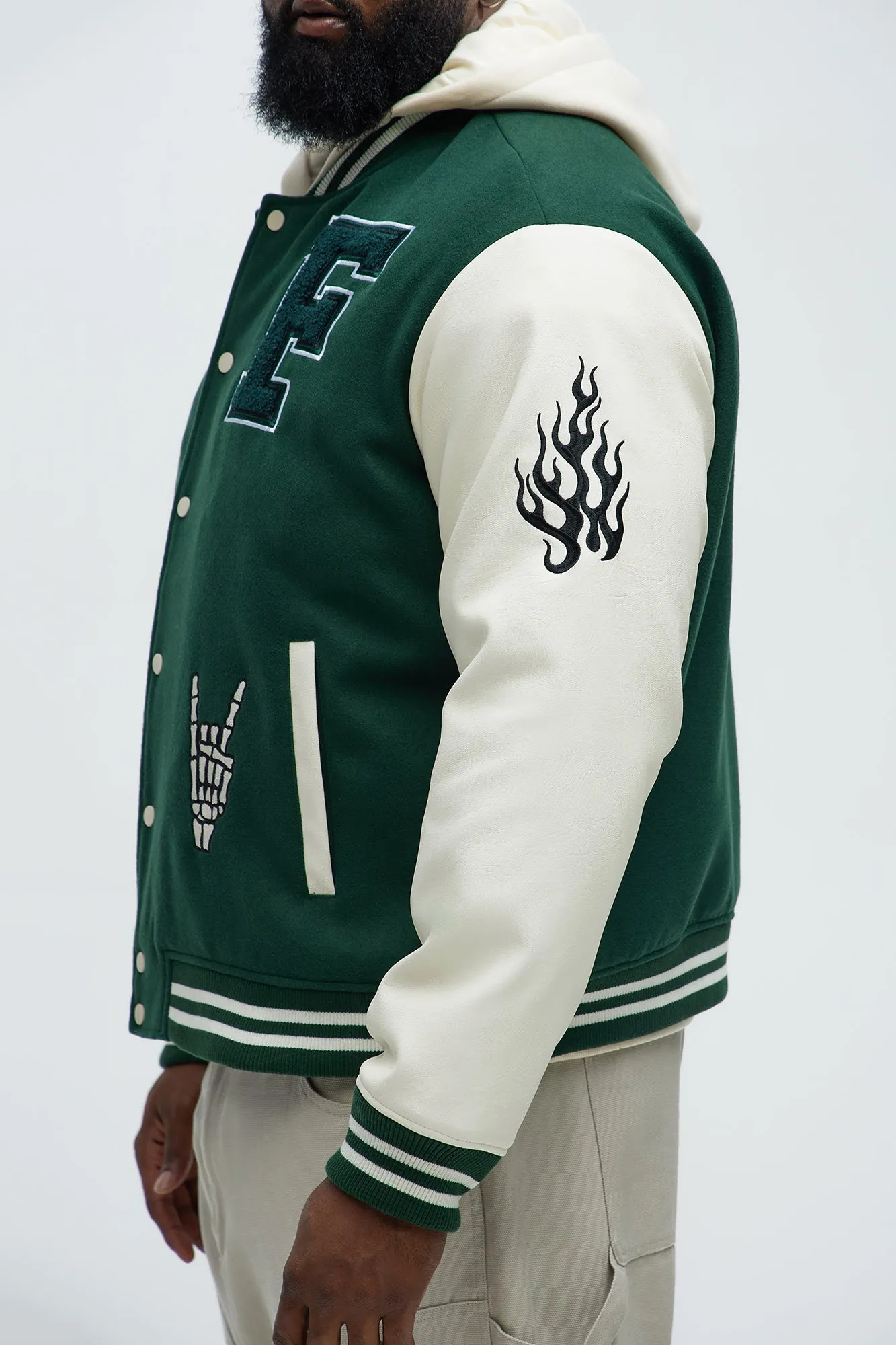 Biker Faux Leather Varsity Jacket - Green/combo