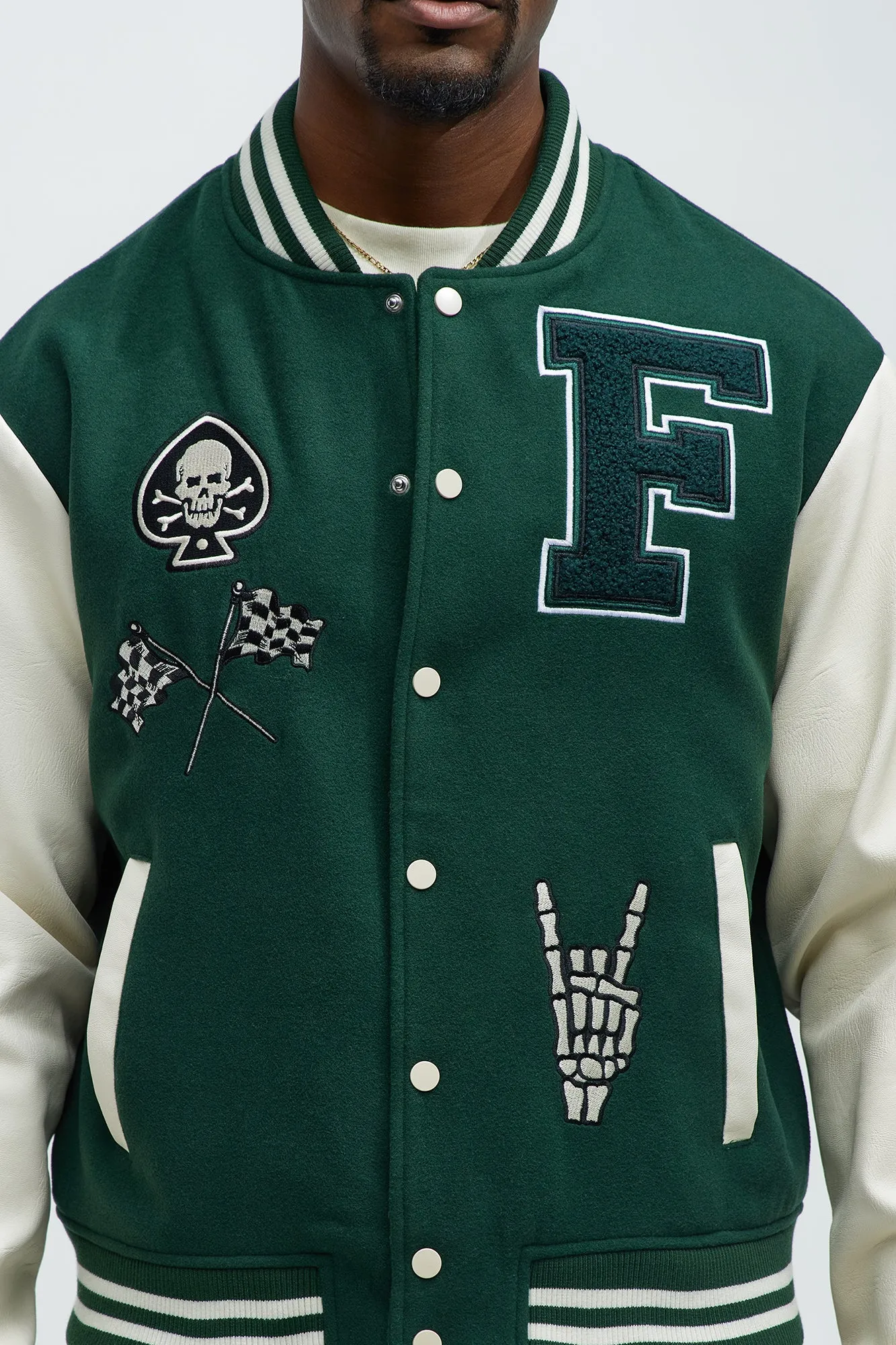 Biker Faux Leather Varsity Jacket - Green/combo