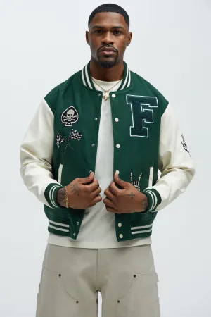 Biker Faux Leather Varsity Jacket - Green/combo