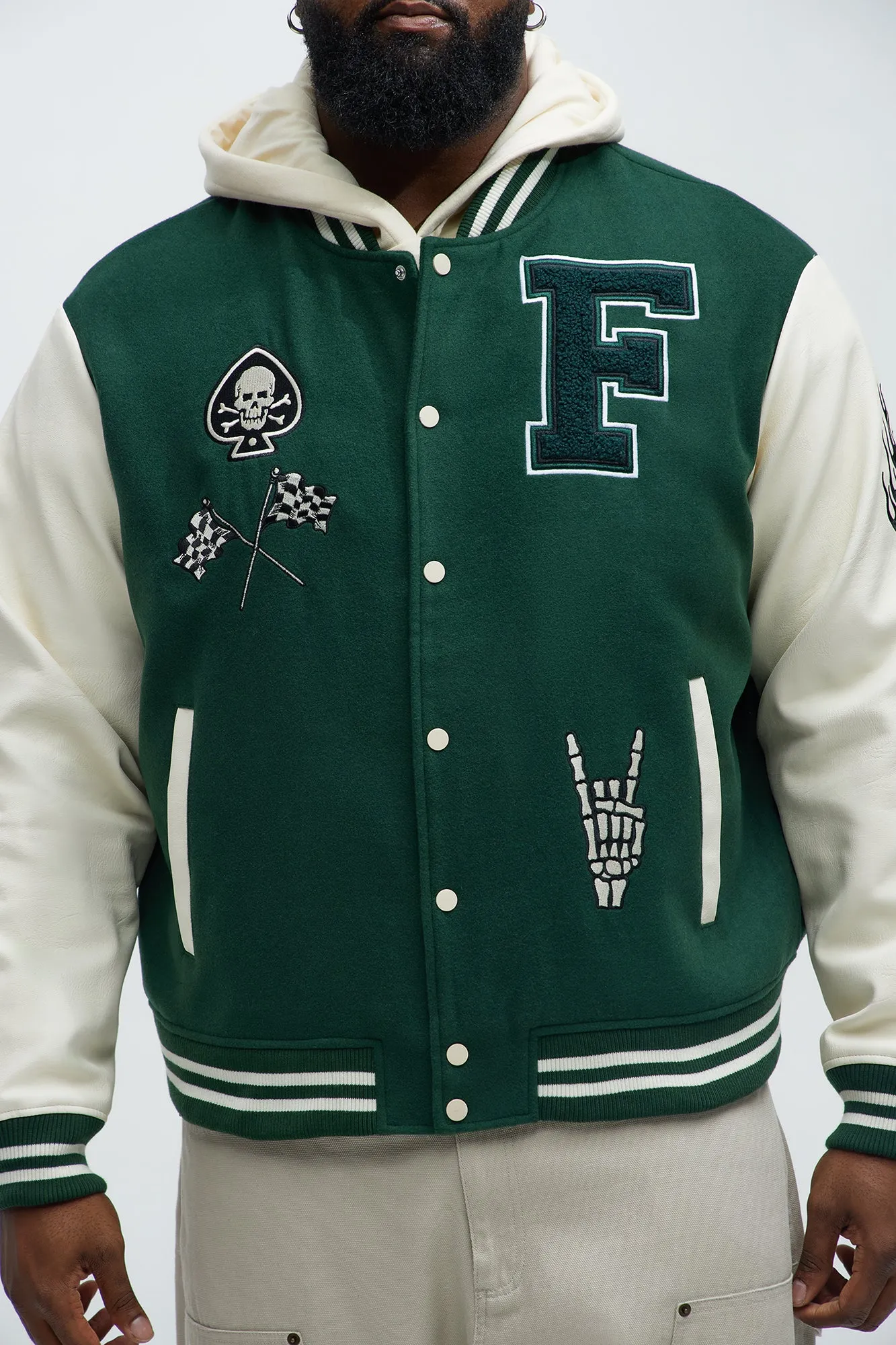 Biker Faux Leather Varsity Jacket - Green/combo