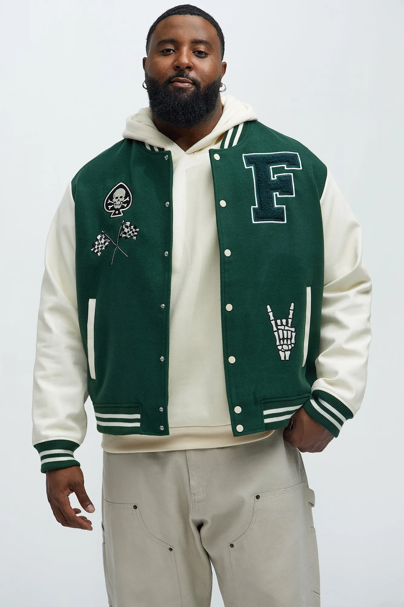 Biker Faux Leather Varsity Jacket - Green/combo