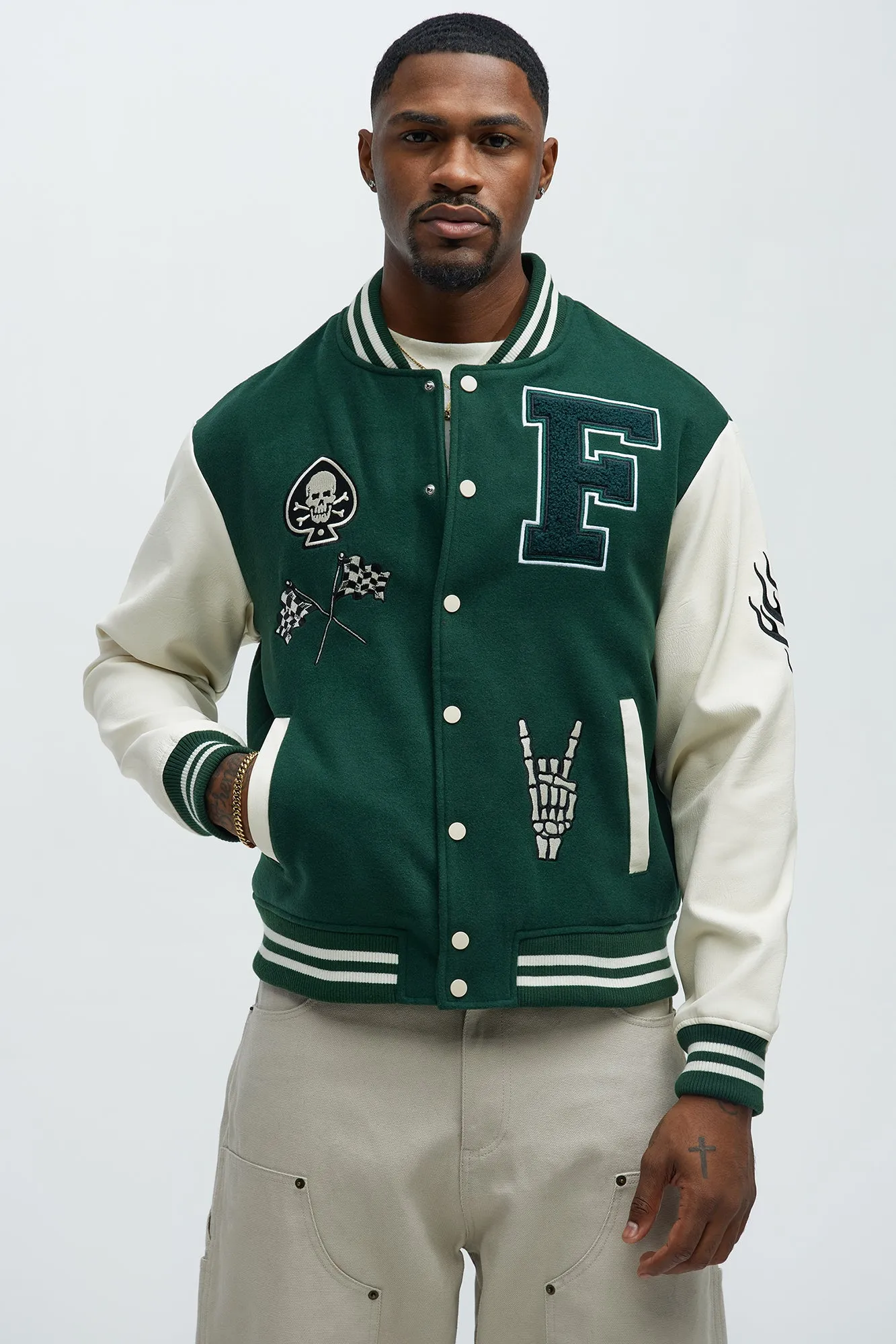 Biker Faux Leather Varsity Jacket - Green/combo