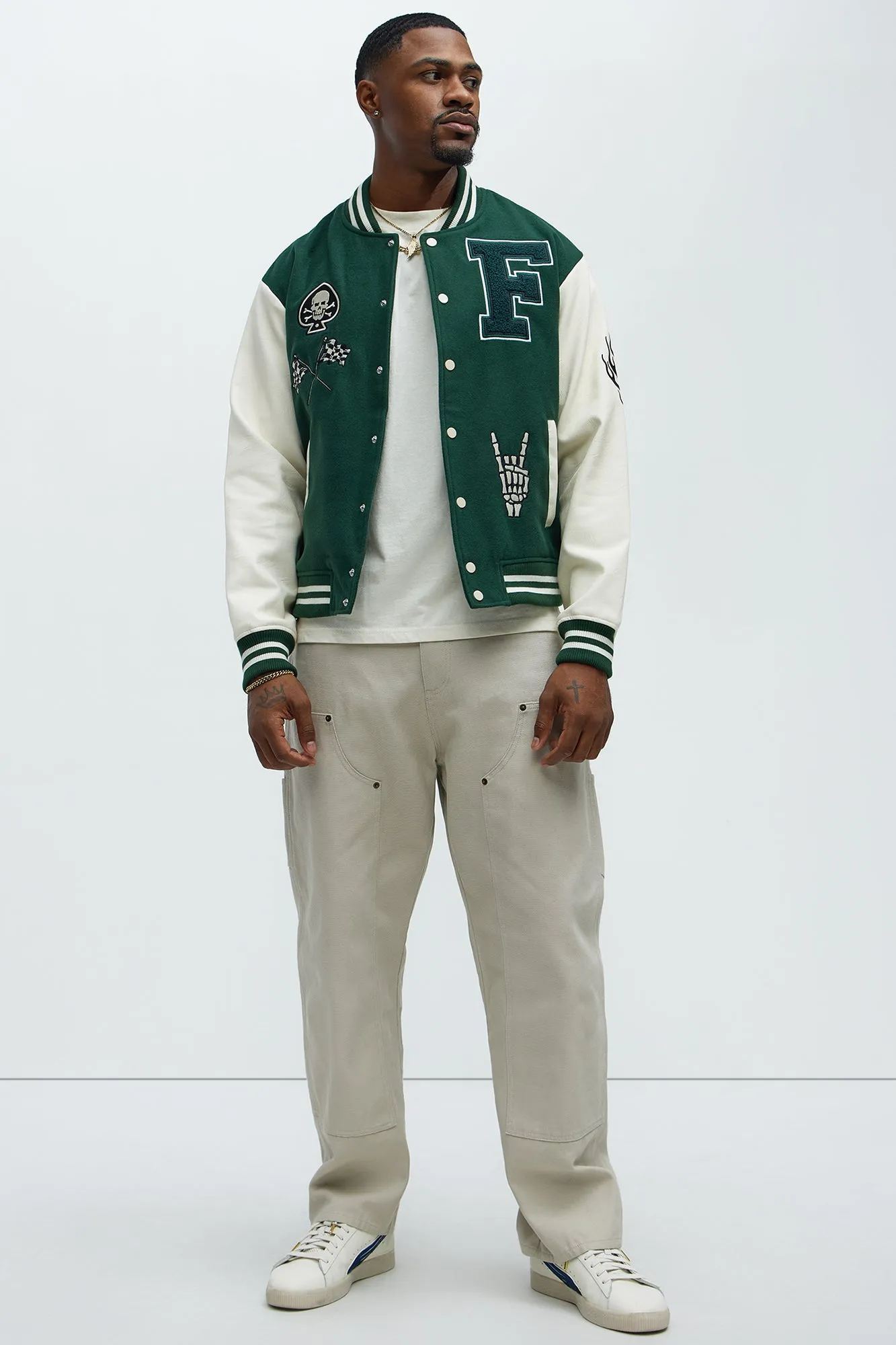 Biker Faux Leather Varsity Jacket - Green/combo