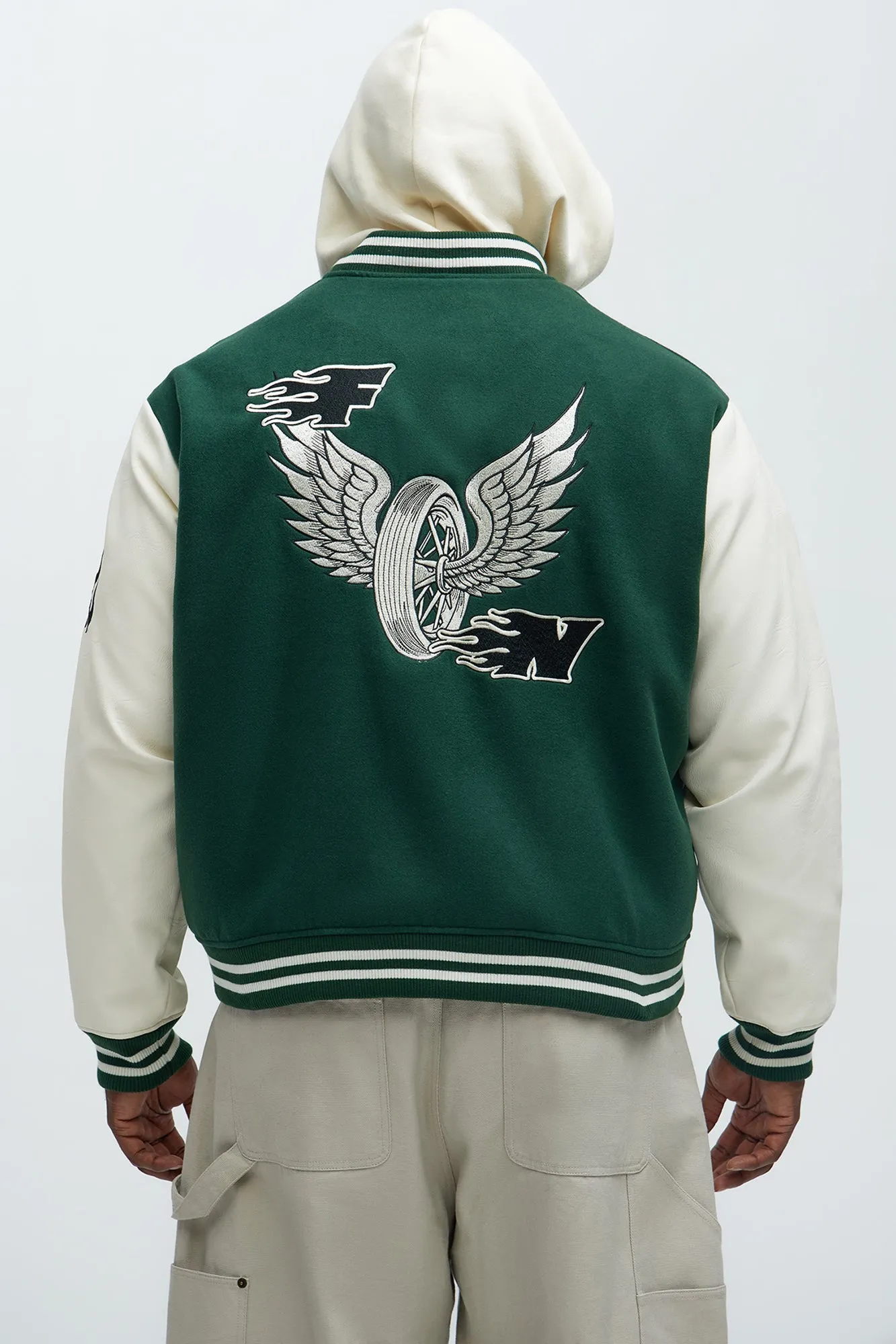 Biker Faux Leather Varsity Jacket - Green/combo