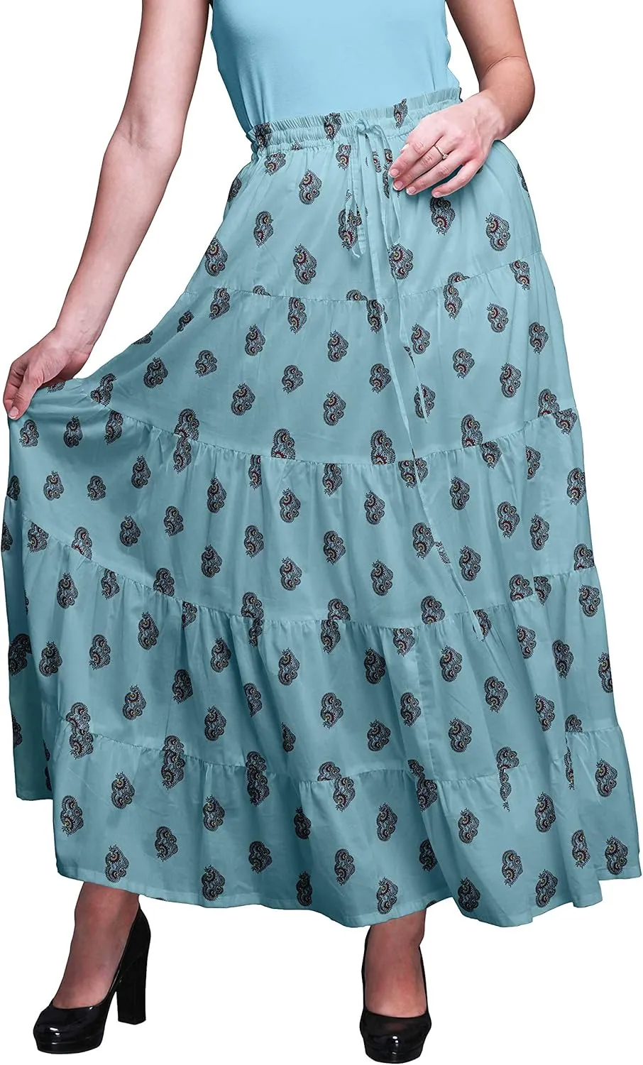 Bimba Printed Skirts for Women Long Length 5 Tier Cotton Skirt Boho Clothing