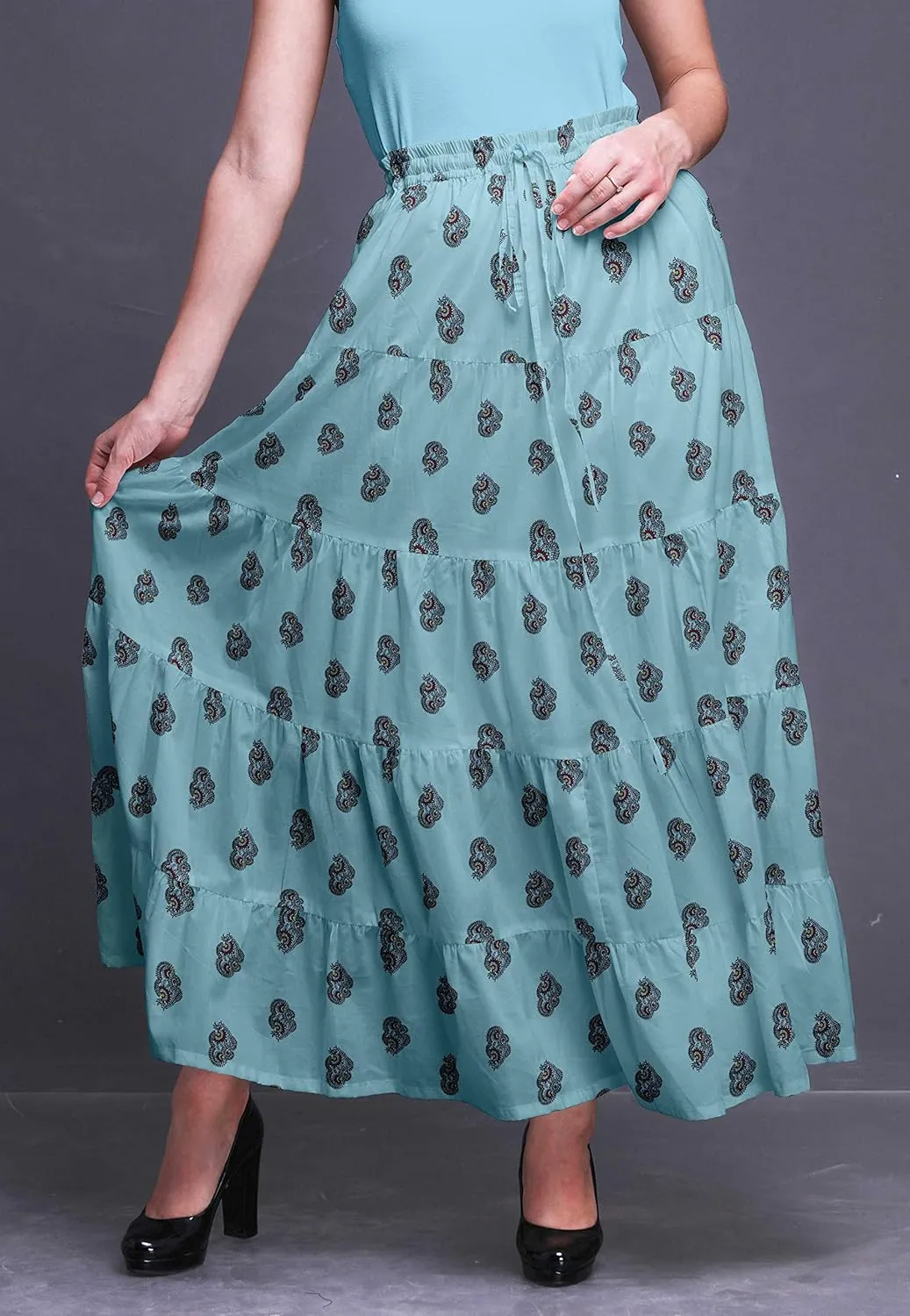 Bimba Printed Skirts for Women Long Length 5 Tier Cotton Skirt Boho Clothing