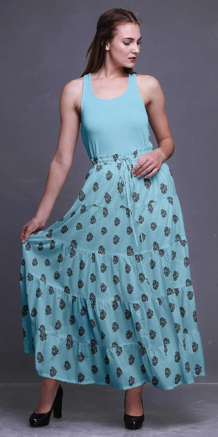 Bimba Printed Skirts for Women Long Length 5 Tier Cotton Skirt Boho Clothing