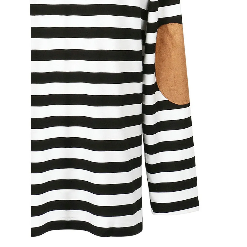 Black and White Striped Elbow Patching PU Leather Long Sleeve Knitted Cardigan Fall Slim Spring Autumn Women Sweater