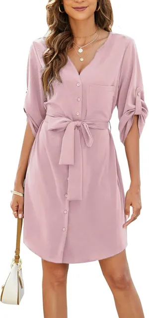 BMJL Womens Button Down Dress Summer V Neck 3/4 Sleeve Tie Waist Business Casual Work Mini Shirt Dresses
