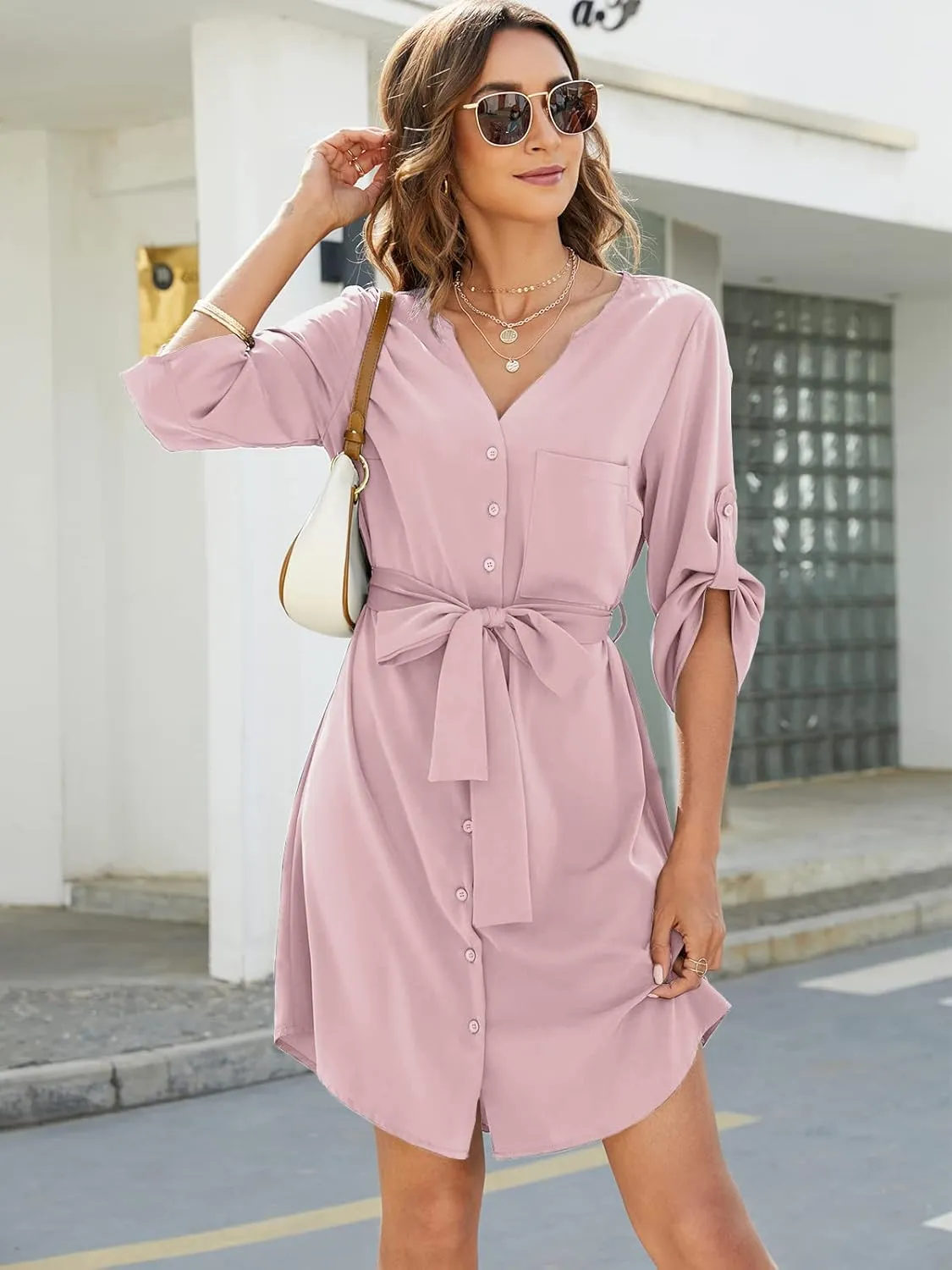 BMJL Womens Button Down Dress Summer V Neck 3/4 Sleeve Tie Waist Business Casual Work Mini Shirt Dresses