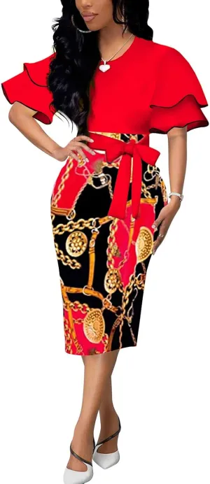 BOGURST Women Wave Short Sleeve Pencil Dress Fashion A-Line Bodycon Church Dresses