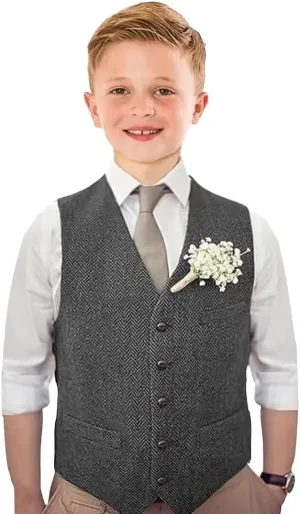 Boys Tweed Vest Vintage Toddler Waistcoat with Pocket Slim Fit Formal Dress Up Outfit