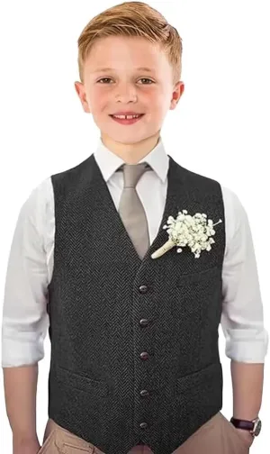 Boys Tweed Vest Vintage Toddler Waistcoat with Pocket Slim Fit Formal Dress Up Outfit