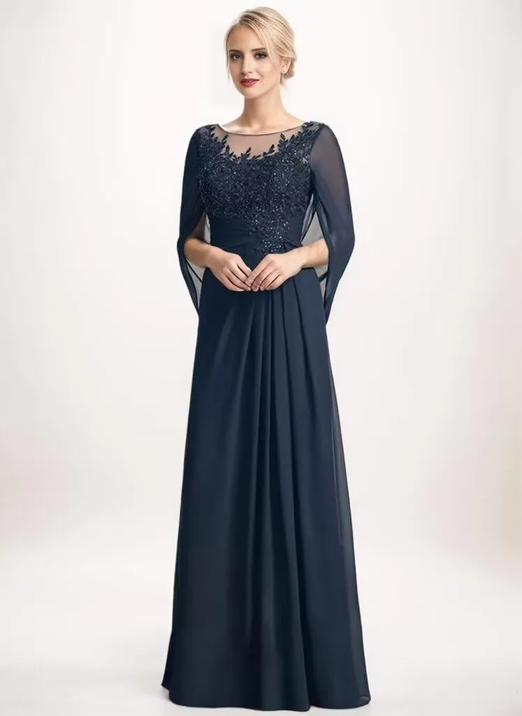 Cape Sleeve Mother of The Bride Dresses for Women Lace Appliques Long Formal Evening Gown