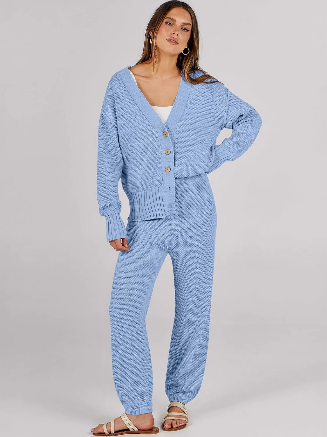 Caracilia Womens 2 Piece Outfits Lounge Set V Neck Cardigan Sweater Pants Sets Knit Matching Loungewear 2024 Fall Clothes