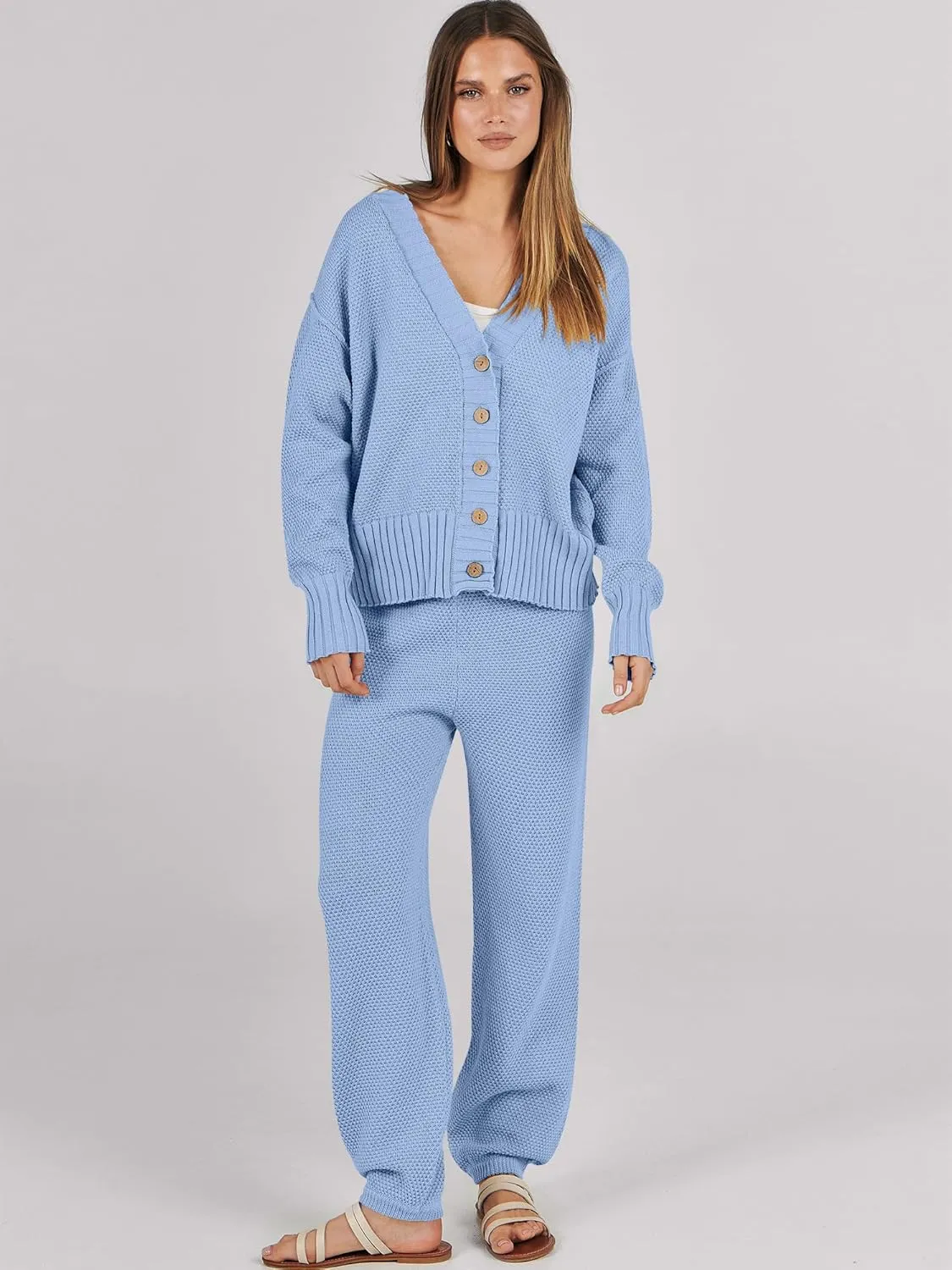 Caracilia Womens 2 Piece Outfits Lounge Set V Neck Cardigan Sweater Pants Sets Knit Matching Loungewear 2024 Fall Clothes