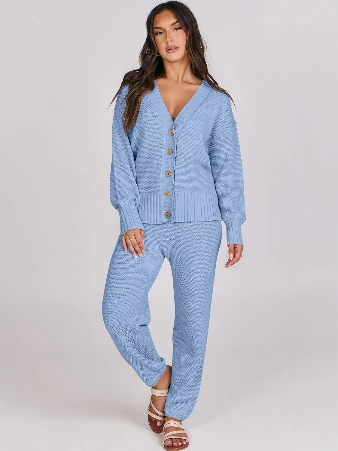 Caracilia Womens 2 Piece Outfits Lounge Set V Neck Cardigan Sweater Pants Sets Knit Matching Loungewear 2024 Fall Clothes