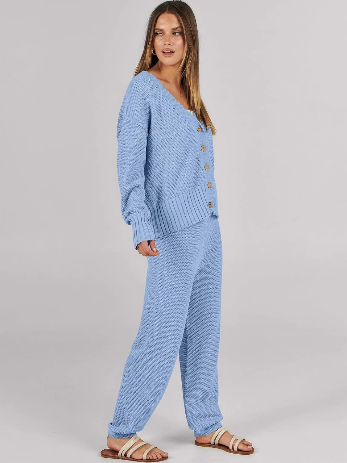 Caracilia Womens 2 Piece Outfits Lounge Set V Neck Cardigan Sweater Pants Sets Knit Matching Loungewear 2024 Fall Clothes