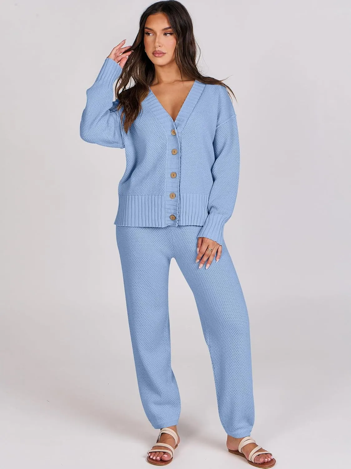 Caracilia Womens 2 Piece Outfits Lounge Set V Neck Cardigan Sweater Pants Sets Knit Matching Loungewear 2024 Fall Clothes