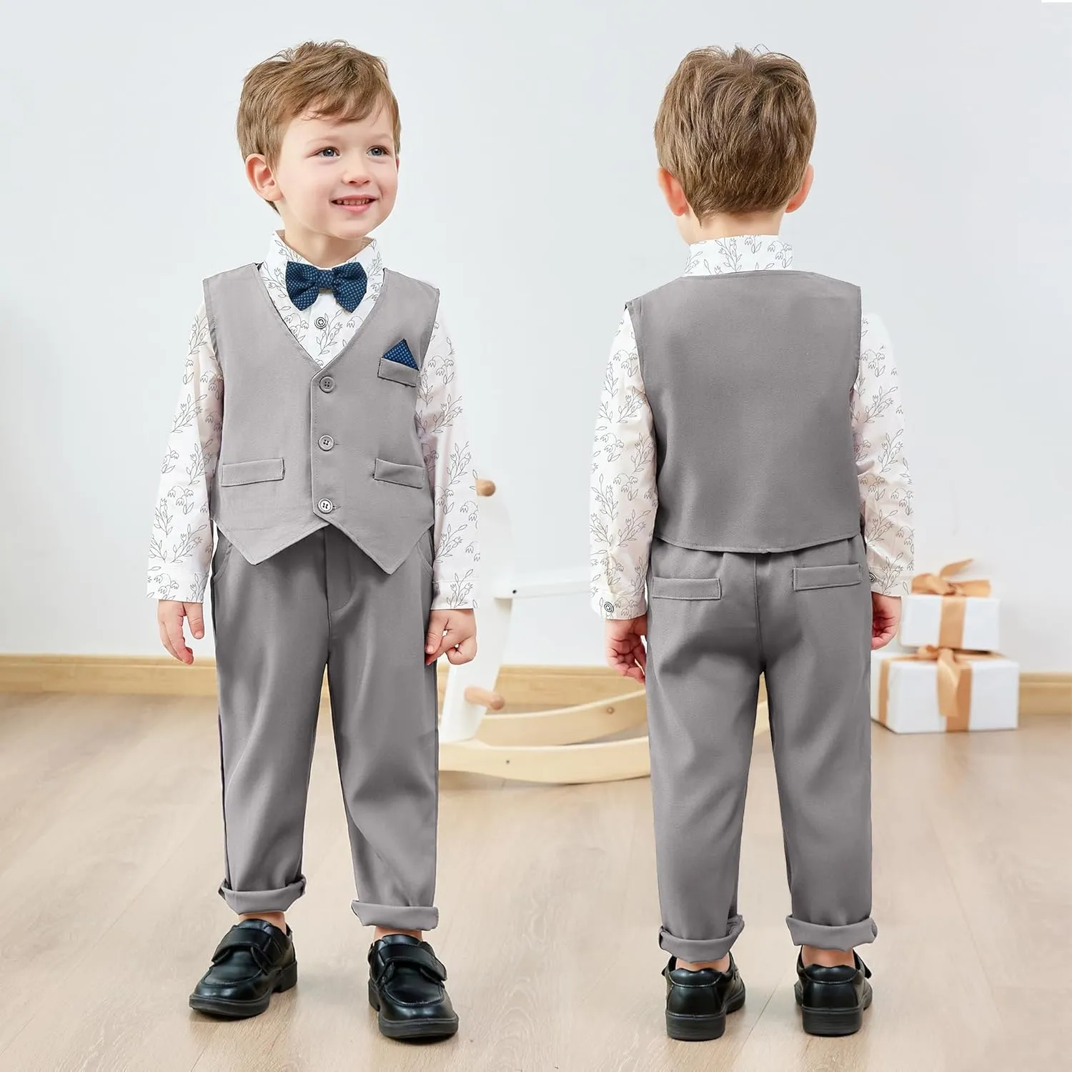 CARETOO Toddler Baby Boy Clothes Suit 5Pcs Gentleman Wedding Outfit Dress Shirt Vest Bow Tie Suspender Pant Formal Set 12M-5T