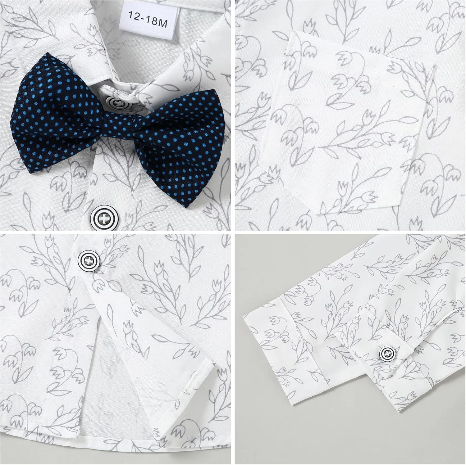 CARETOO Toddler Baby Boy Clothes Suit 5Pcs Gentleman Wedding Outfit Dress Shirt Vest Bow Tie Suspender Pant Formal Set 12M-5T