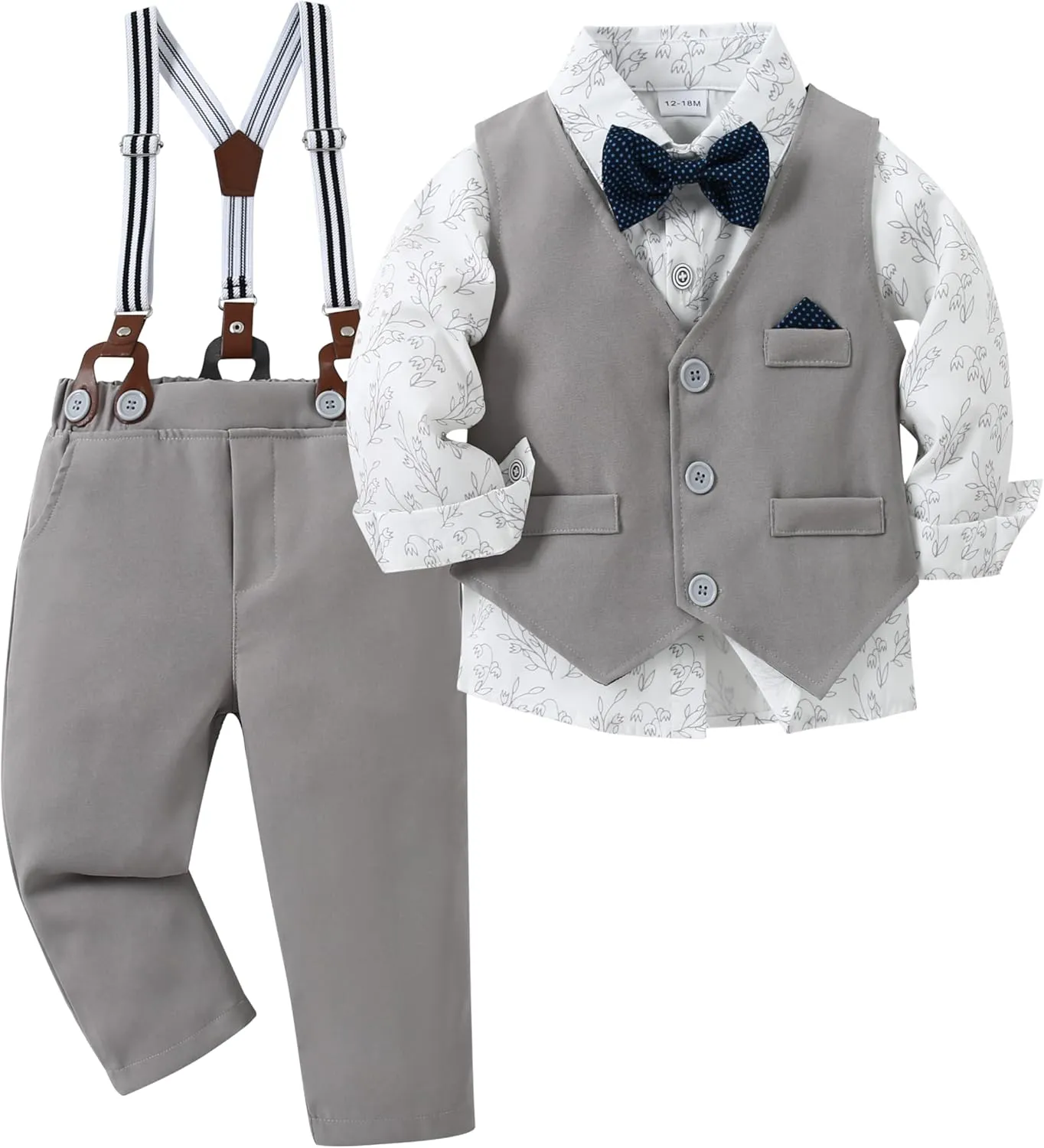 CARETOO Toddler Baby Boy Clothes Suit 5Pcs Gentleman Wedding Outfit Dress Shirt Vest Bow Tie Suspender Pant Formal Set 12M-5T