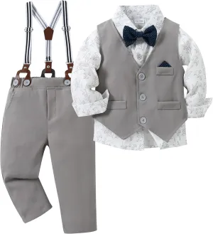 CARETOO Toddler Baby Boy Clothes Suit 5Pcs Gentleman Wedding Outfit Dress Shirt Vest Bow Tie Suspender Pant Formal Set 12M-5T