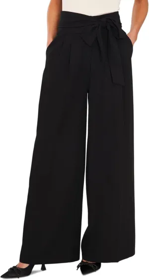 CeCe Women's Tie High-Waist Pleated Wide-Leg Trousers Rich Black 12
