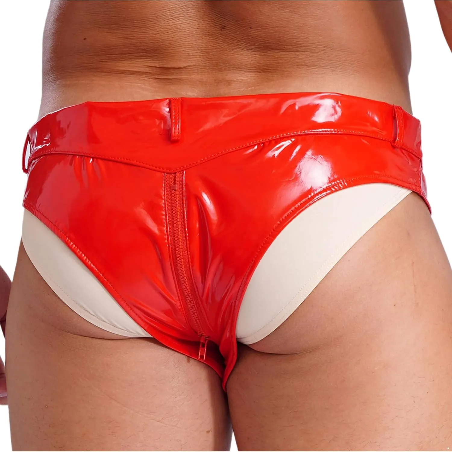 CHICTRY Mens Zipper Crotch Briefs Shorts Wet Look Patent Leather Panties Low Waist Hot Pants Clubwear