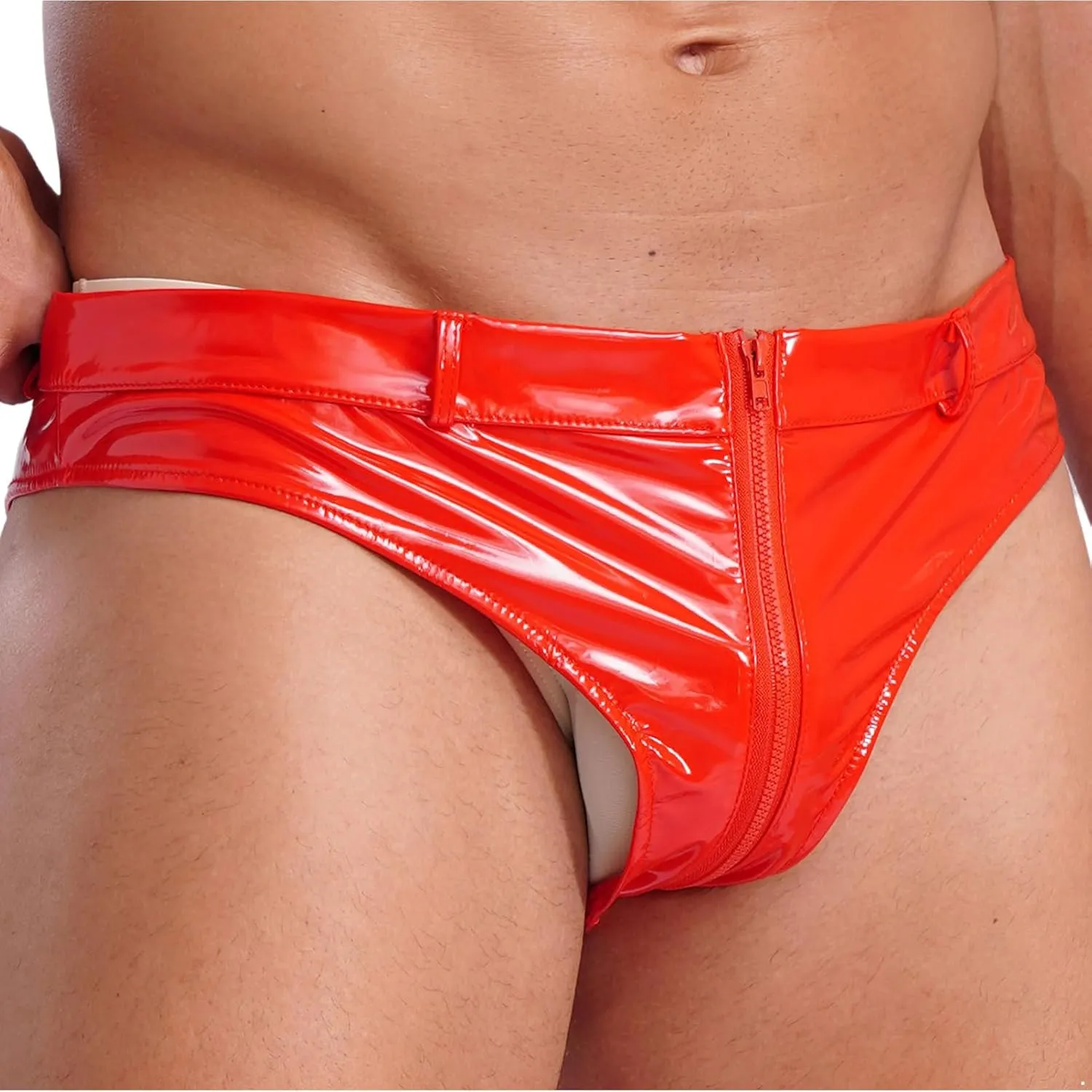 CHICTRY Mens Zipper Crotch Briefs Shorts Wet Look Patent Leather Panties Low Waist Hot Pants Clubwear