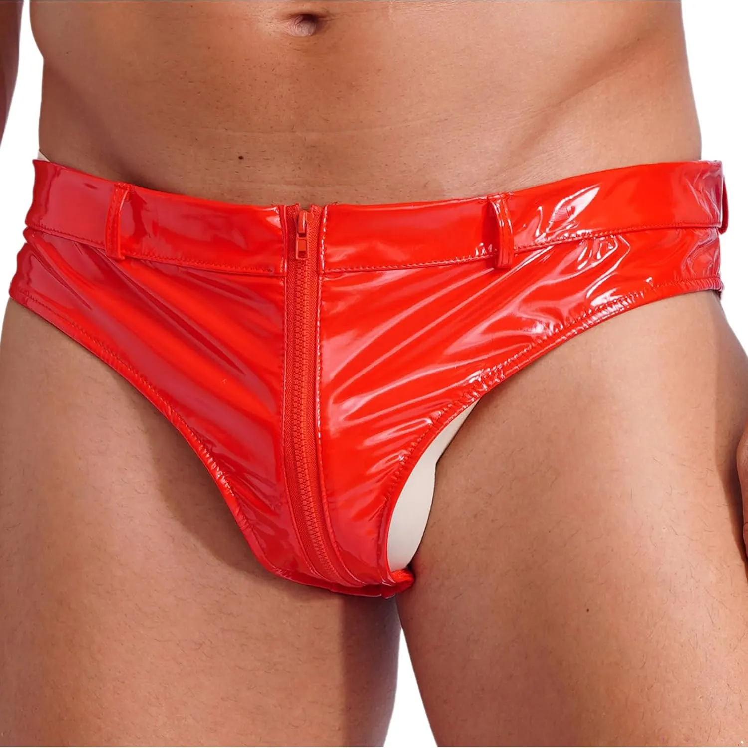 CHICTRY Mens Zipper Crotch Briefs Shorts Wet Look Patent Leather Panties Low Waist Hot Pants Clubwear