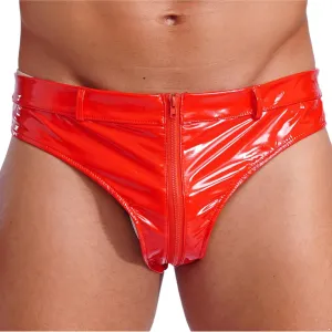 CHICTRY Mens Zipper Crotch Briefs Shorts Wet Look Patent Leather Panties Low Waist Hot Pants Clubwear