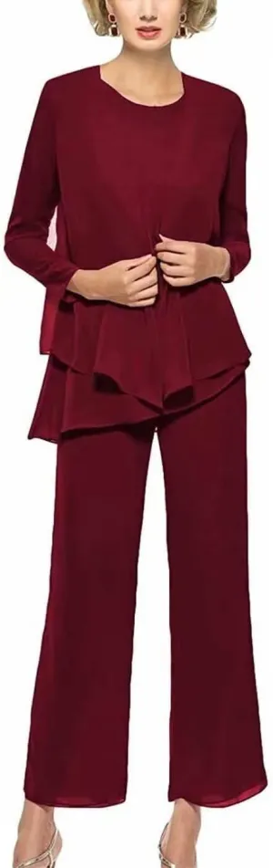 Chiffon 3 Pieces Mother of The Bride Pants Suits for Wedding Long Sleeves Evening Gown with Jacket Outfit Set