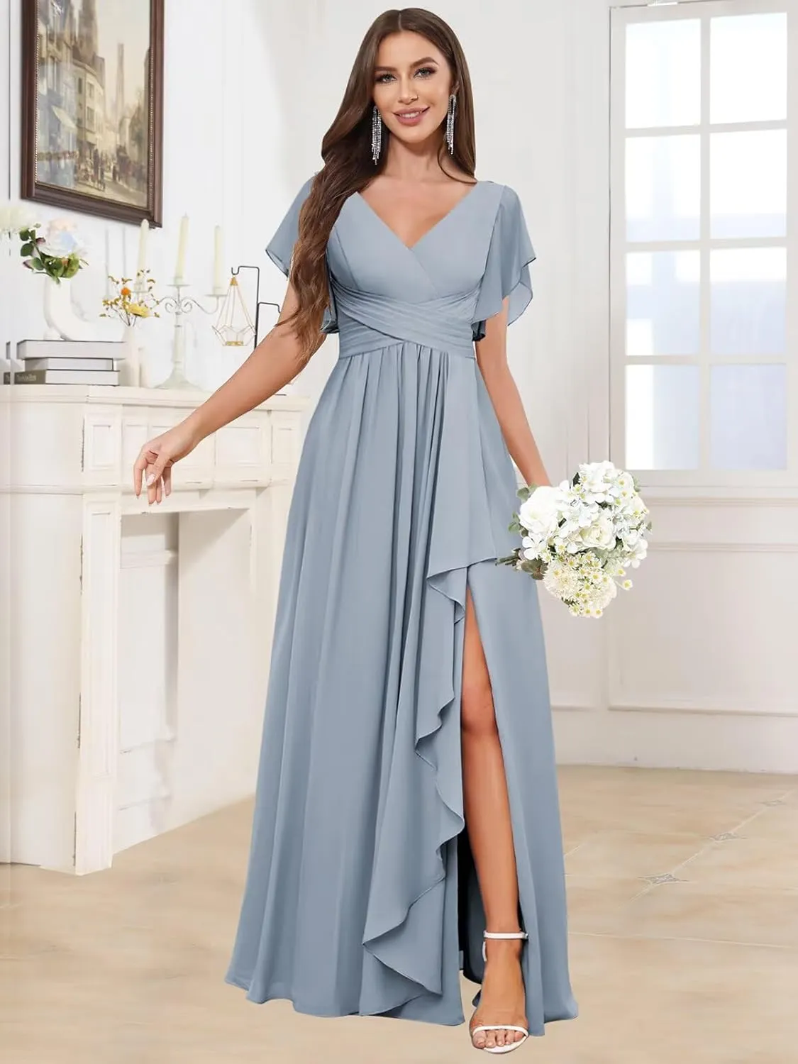 Chiffon Bridesmaid Dresses with Sleeves for Women V Neck Ruffle Formal Evening Dress with Slit