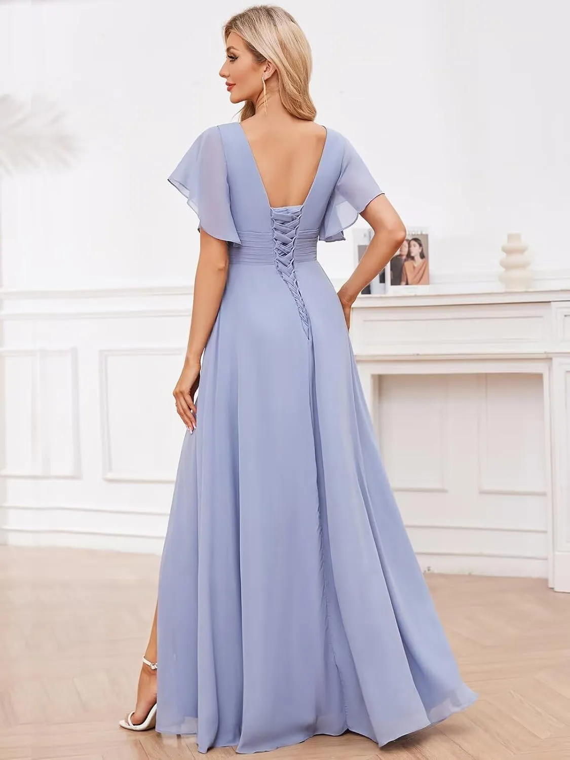 Chiffon Bridesmaid Dresses with Sleeves for Women V Neck Ruffle Formal Evening Dress with Slit