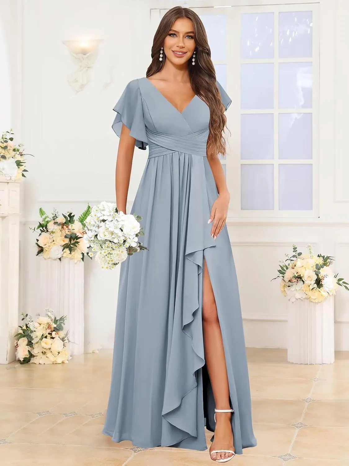 Chiffon Bridesmaid Dresses with Sleeves for Women V Neck Ruffle Formal Evening Dress with Slit