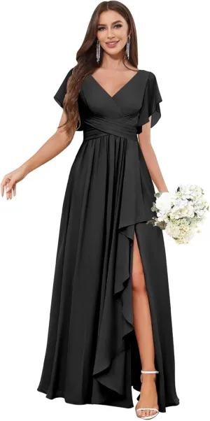 Chiffon Bridesmaid Dresses with Sleeves for Women V Neck Ruffle Formal Evening Dress with Slit